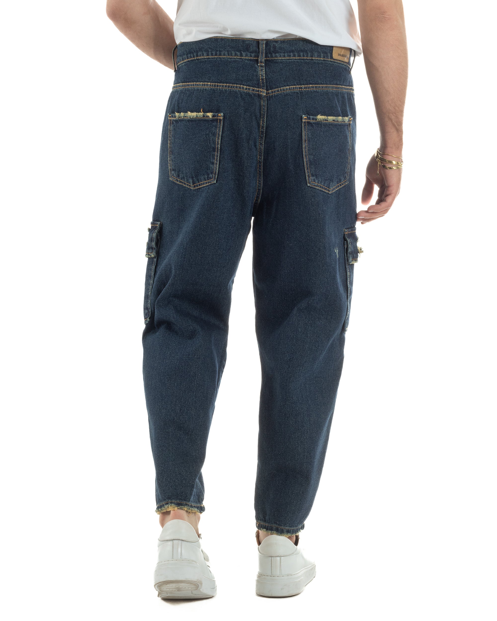 Jeans uomo cargo loose fit pantaloni tasconi rotture denim scuro sabbiato BlackSunday JS1191A