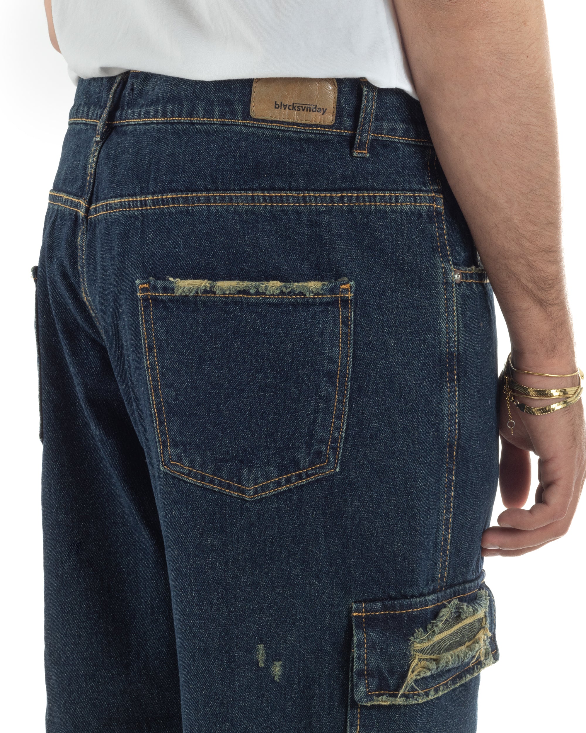 Jeans uomo cargo loose fit pantaloni tasconi rotture denim scuro sabbiato BlackSunday JS1191A