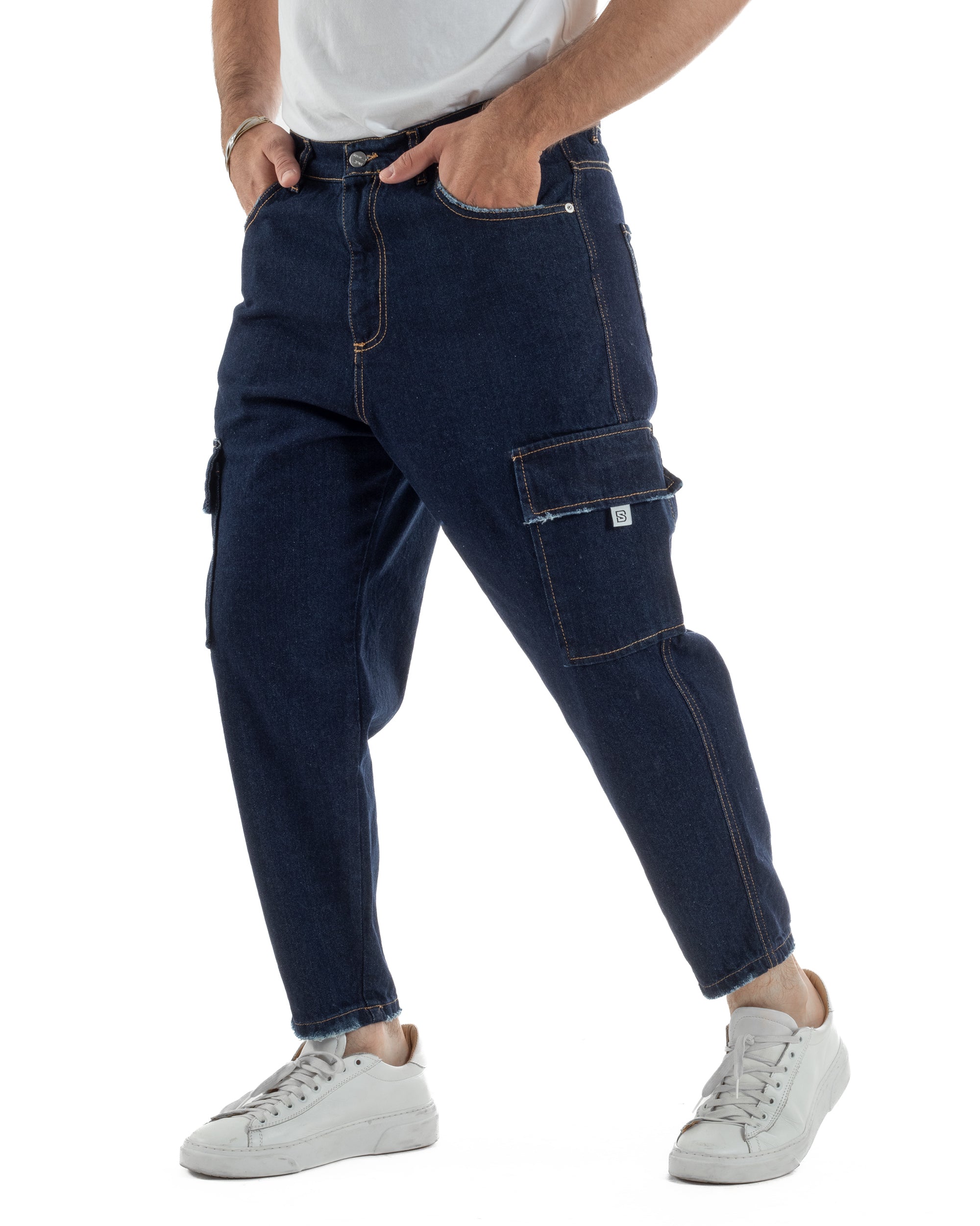 Jeans uomo cargo loose fit pantaloni tasconi sfrangiato lavaggio zero denim scuro BlackSunday JS1192A