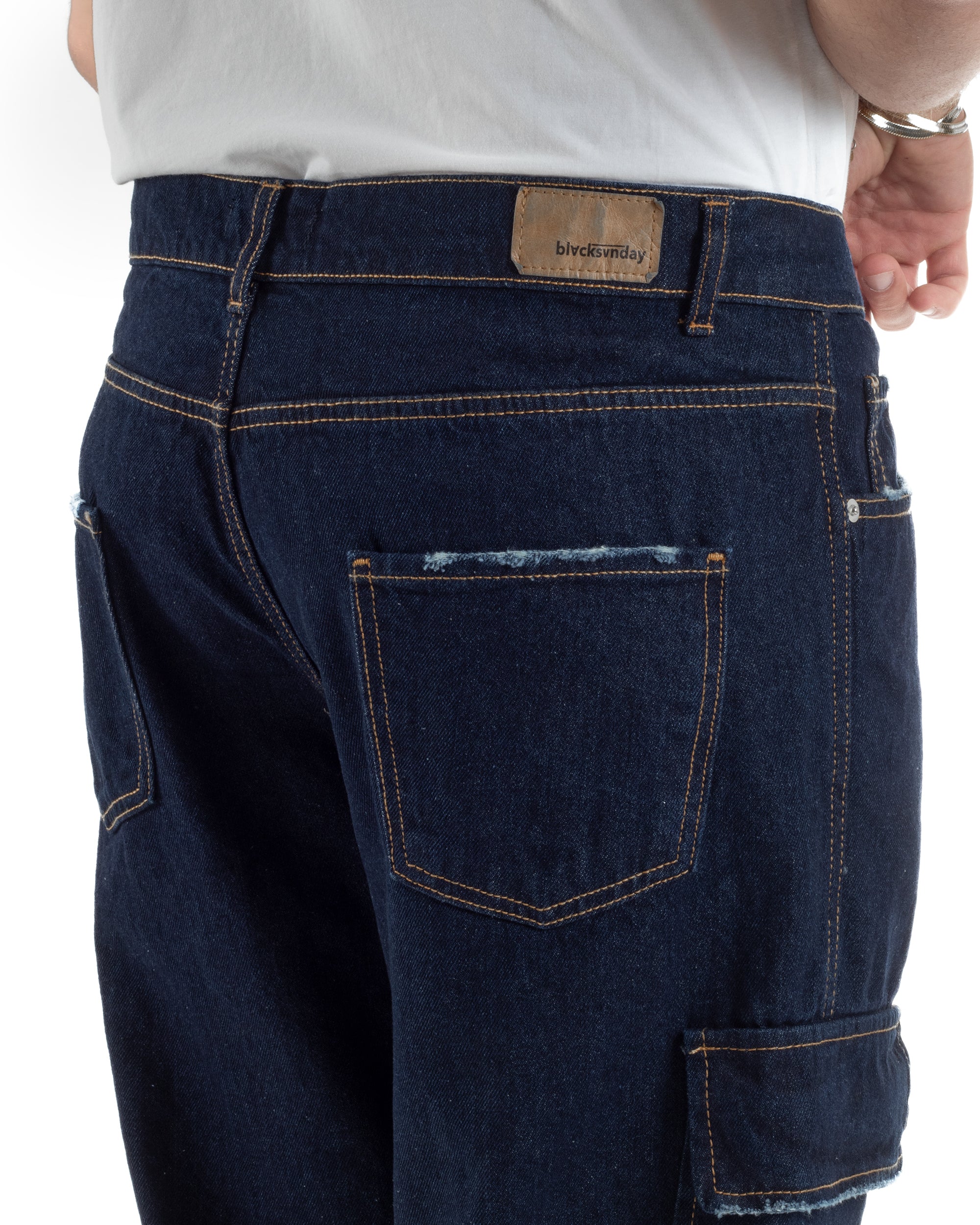 Jeans uomo cargo loose fit pantaloni tasconi sfrangiato lavaggio zero denim scuro BlackSunday JS1192A