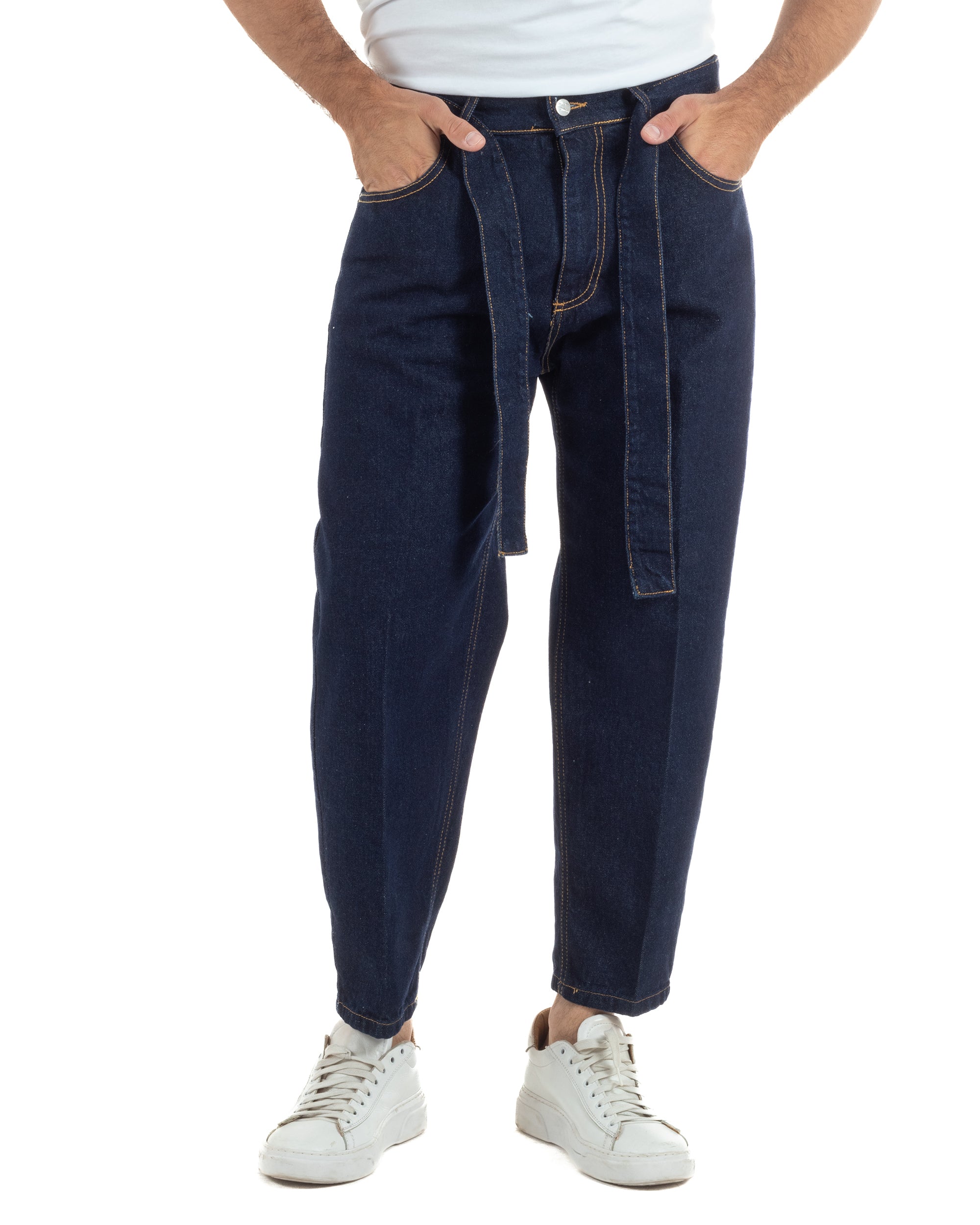 Jeans uomo denim scuro carrot fit cinque tasche cintura removibile lavaggio zero 100% cotone