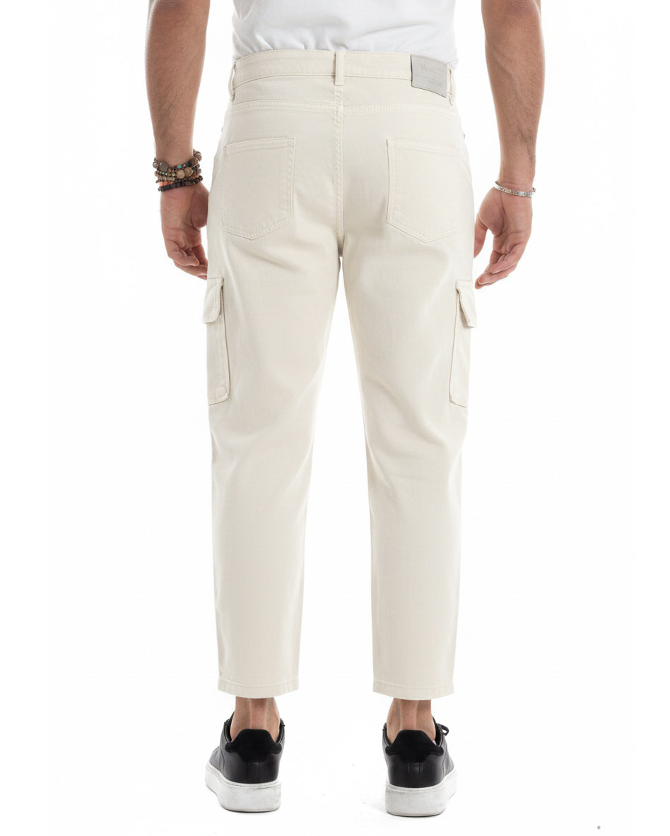 Jeans uomo cargo alla caviglia loose fit casual basic pantaloni con tasche tasconi panna GIOSAL-JS1195A
