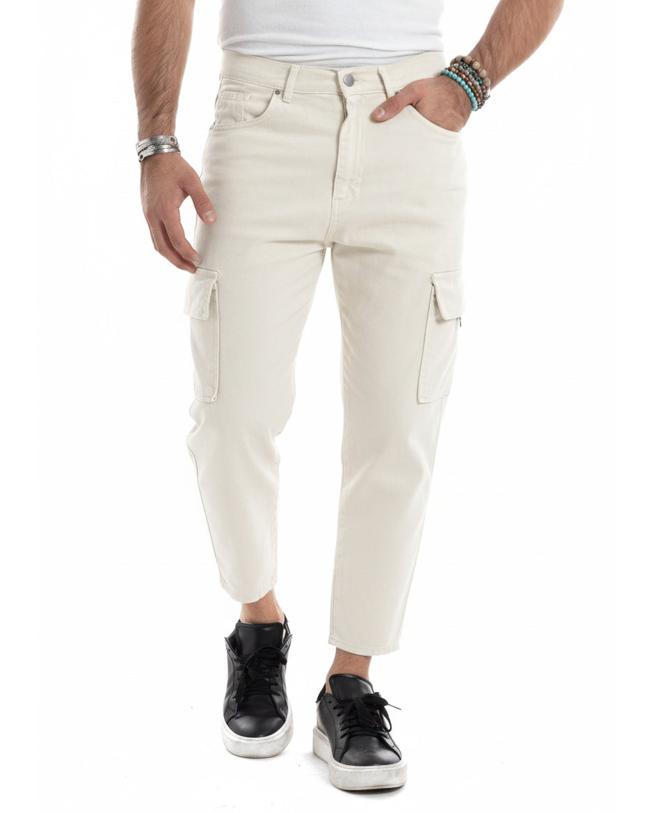 Jeans uomo cargo alla caviglia loose fit casual basic pantaloni con tasche tasconi panna GIOSAL-JS1195A