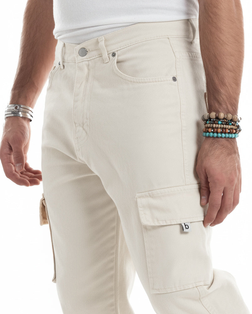 Jeans uomo cargo alla caviglia loose fit casual basic pantaloni con tasche tasconi panna GIOSAL-JS1195A