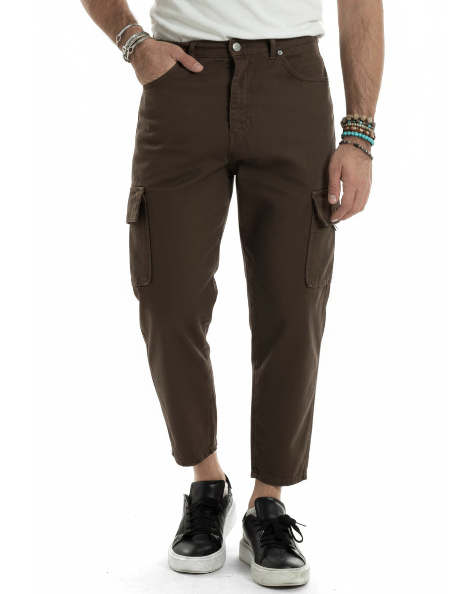 Jeans uomo cargo alla caviglia loose fit casual basic pantaloni con tasche tasconi marrone GIOSAL-JS1196A