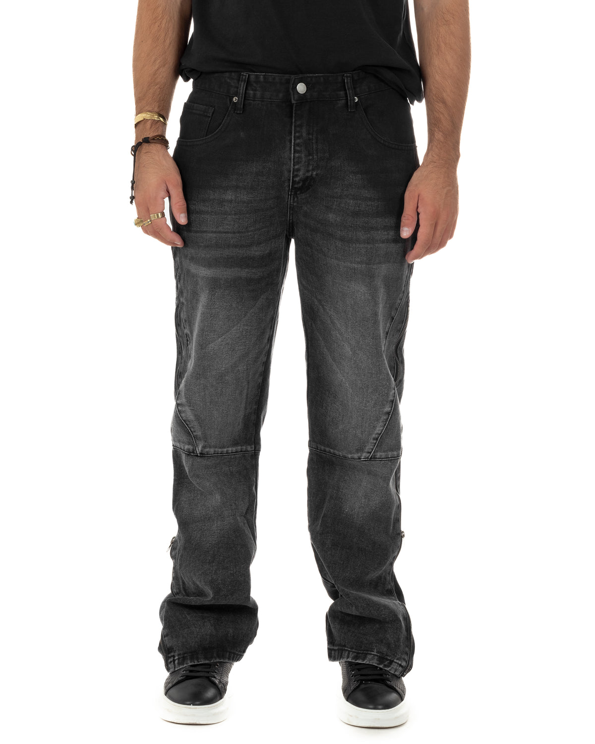Jeans uomo wide leg zip laterali cuciture baggy denim nero GIOSAL-JS1201A