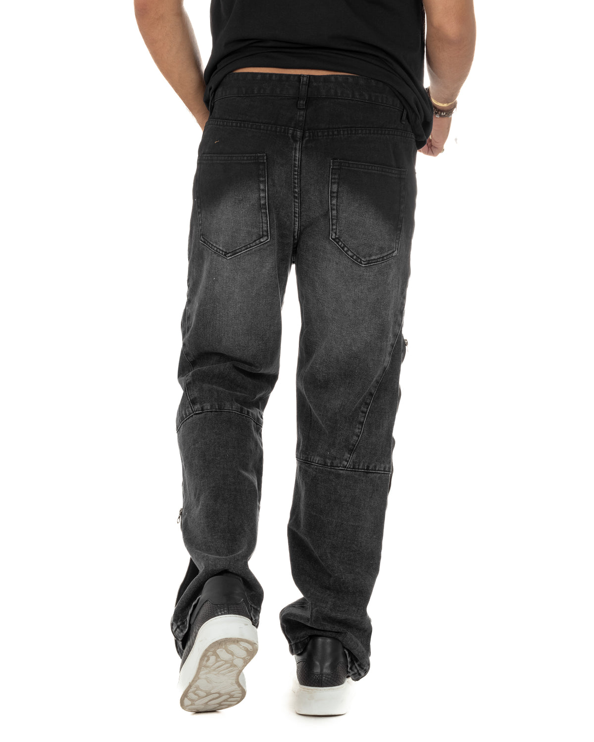 Jeans uomo wide leg zip laterali cuciture baggy denim nero GIOSAL-JS1201A