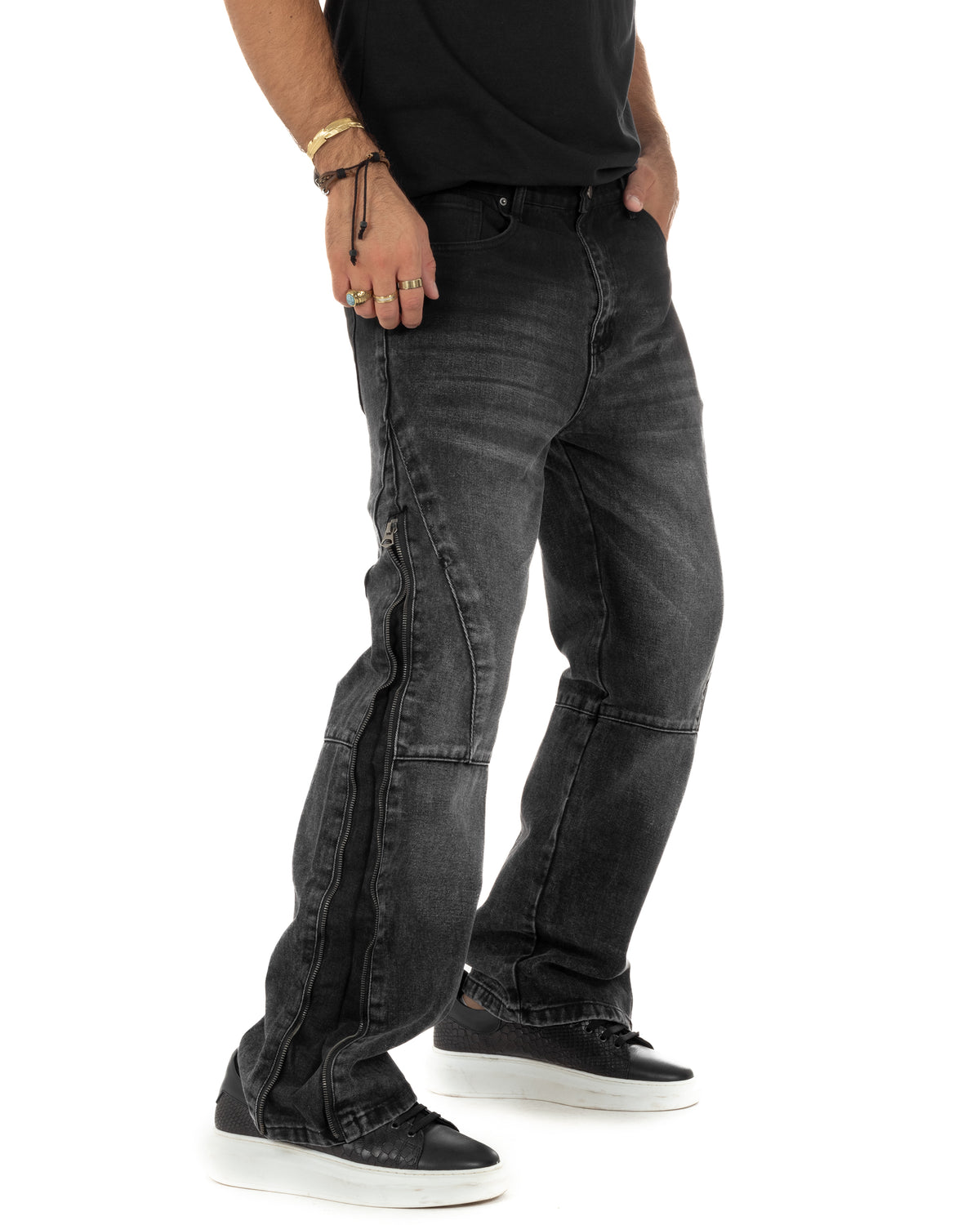 Jeans uomo wide leg zip laterali cuciture baggy denim nero GIOSAL-JS1201A
