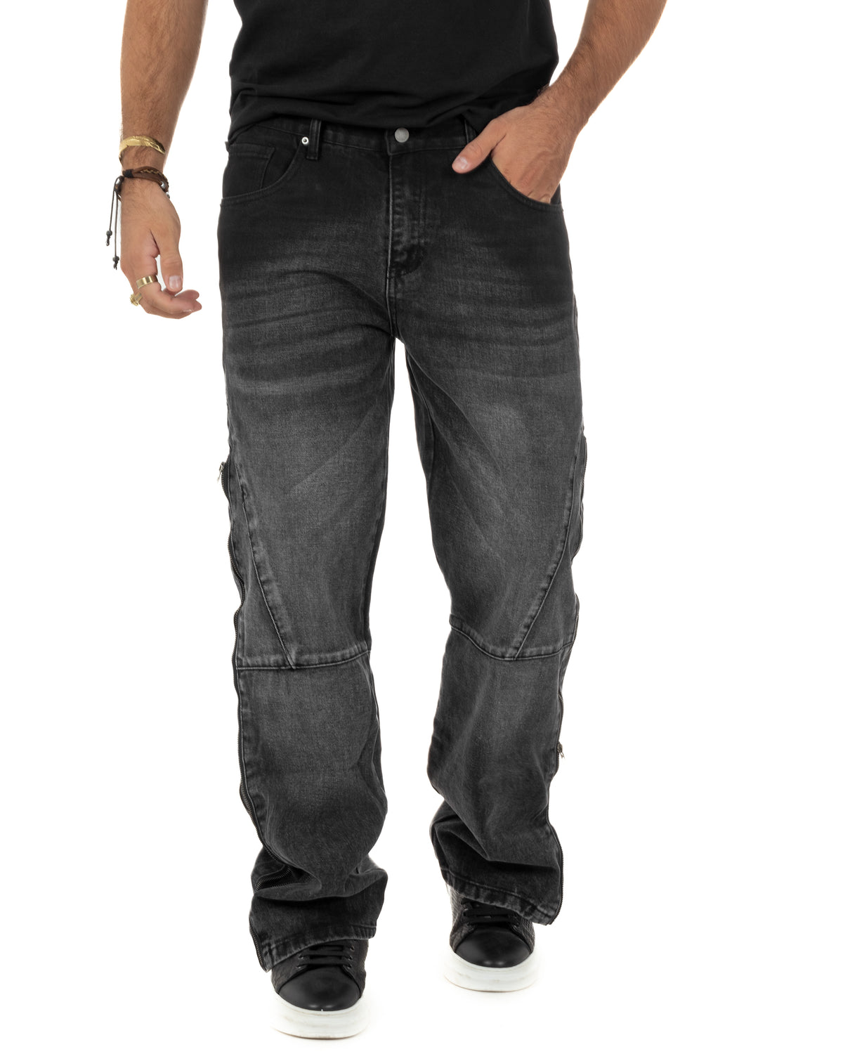 Jeans uomo wide leg zip laterali cuciture baggy denim nero GIOSAL-JS1201A