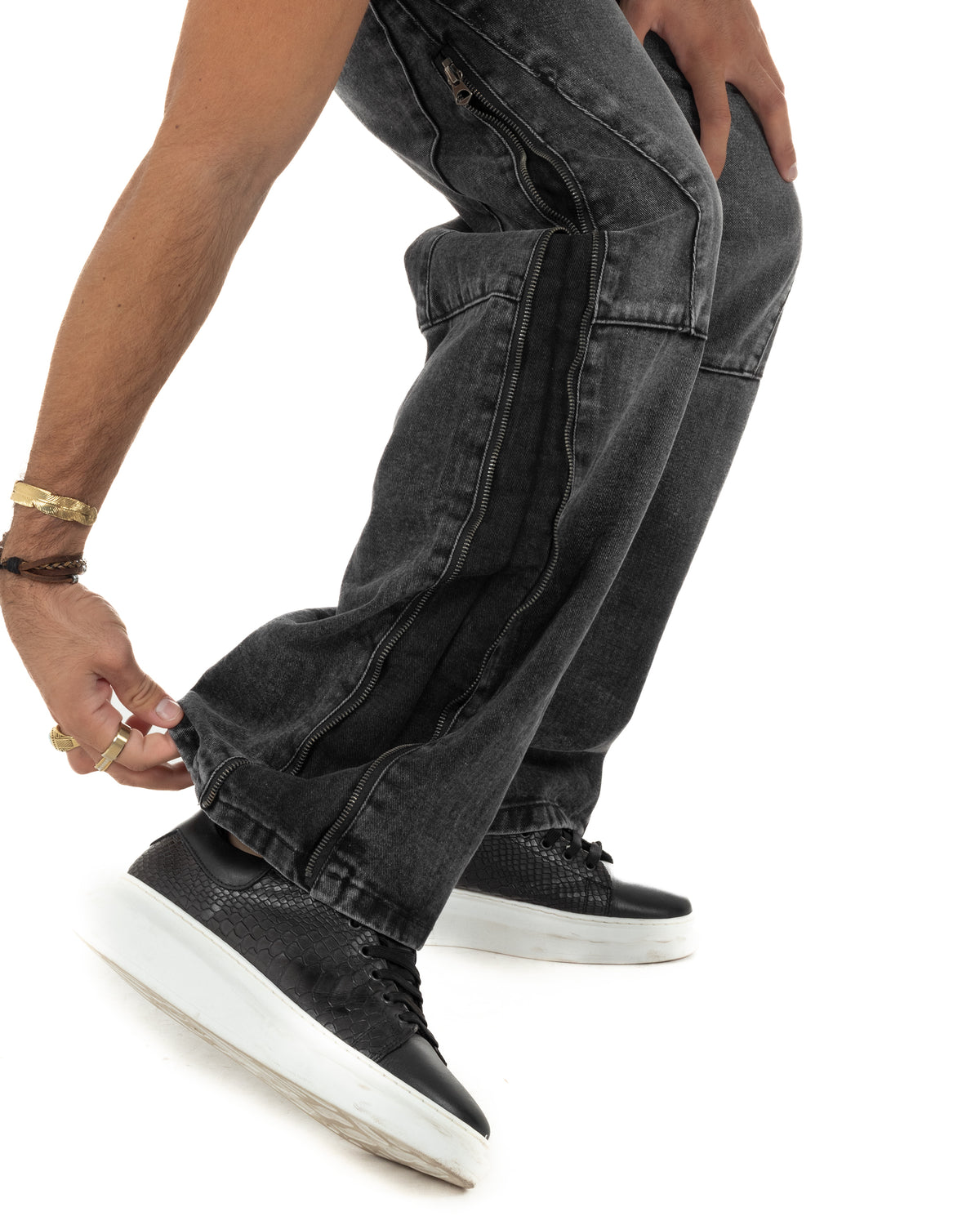 Jeans uomo wide leg zip laterali cuciture baggy denim nero GIOSAL-JS1201A