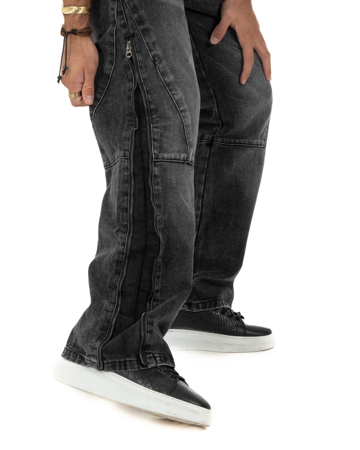 Jeans uomo wide leg zip laterali cuciture baggy denim nero GIOSAL-JS1201A