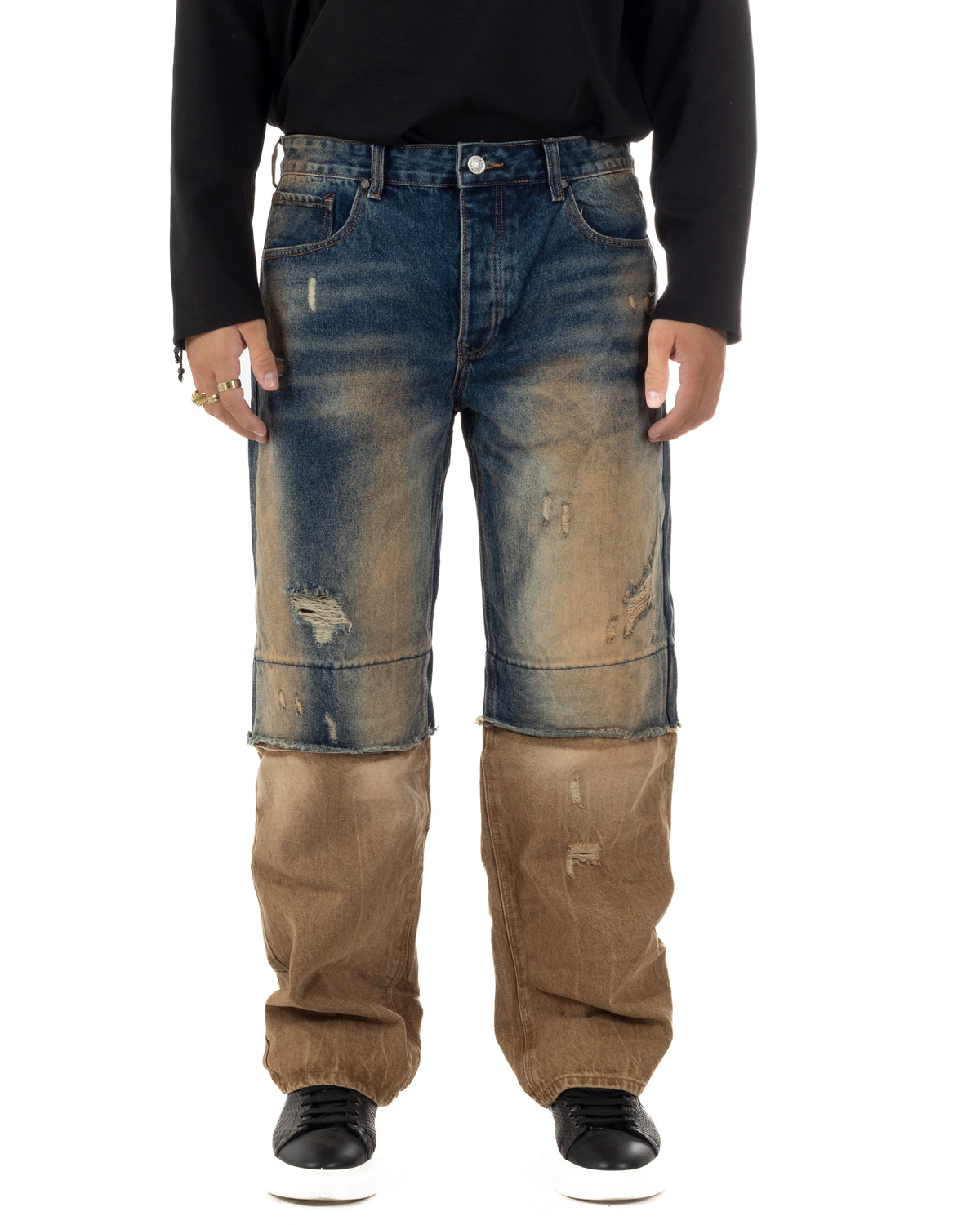 Jeans uomo baggy a contrasto con strappi lavaggio vintage denim sabbiato GIOSAL-JS1202A