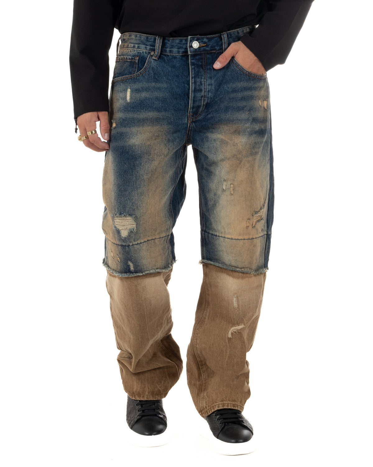 Jeans uomo baggy a contrasto con strappi lavaggio vintage denim sabbiato GIOSAL-JS1202A