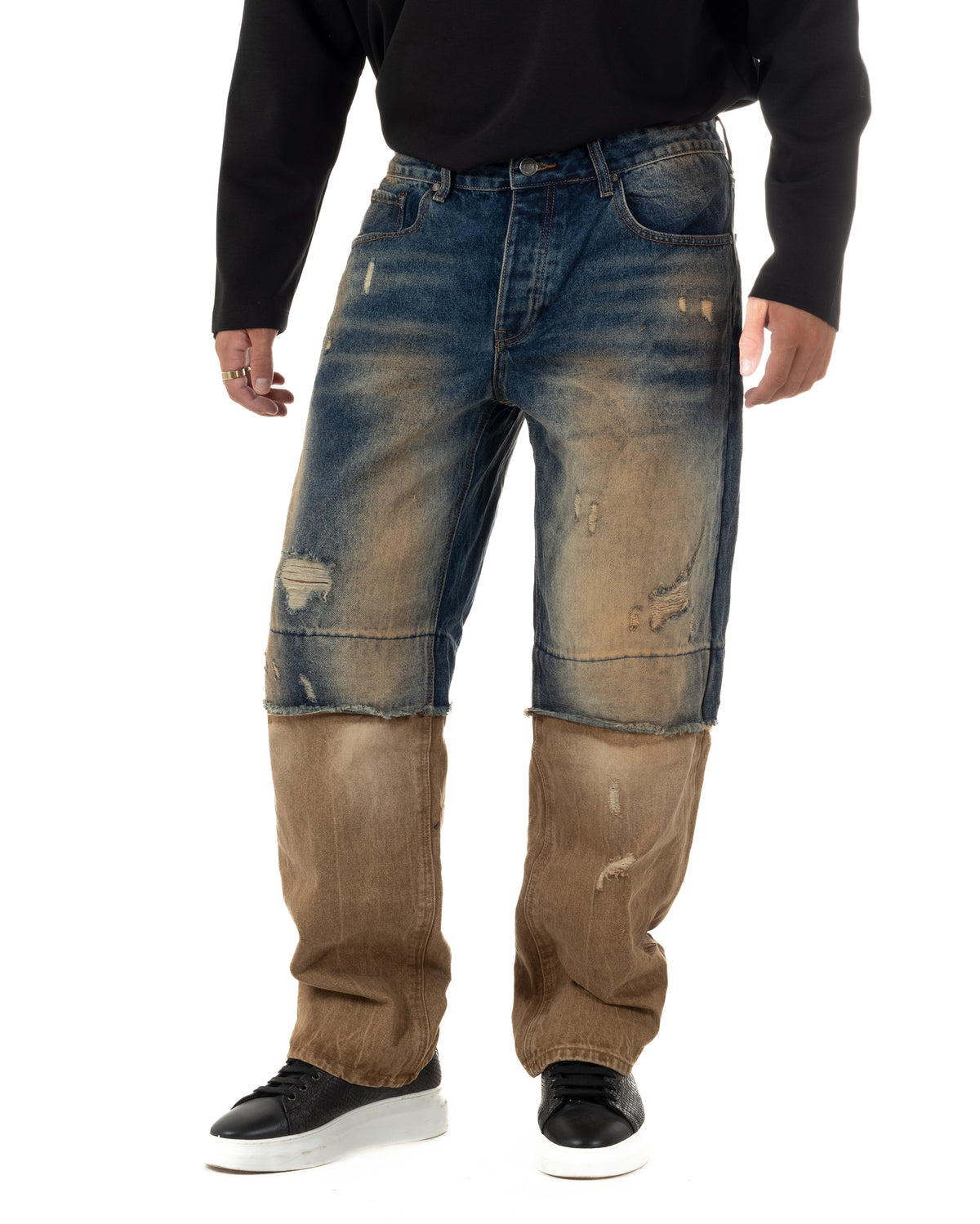 Jeans uomo baggy a contrasto con strappi lavaggio vintage denim sabbiato GIOSAL-JS1202A