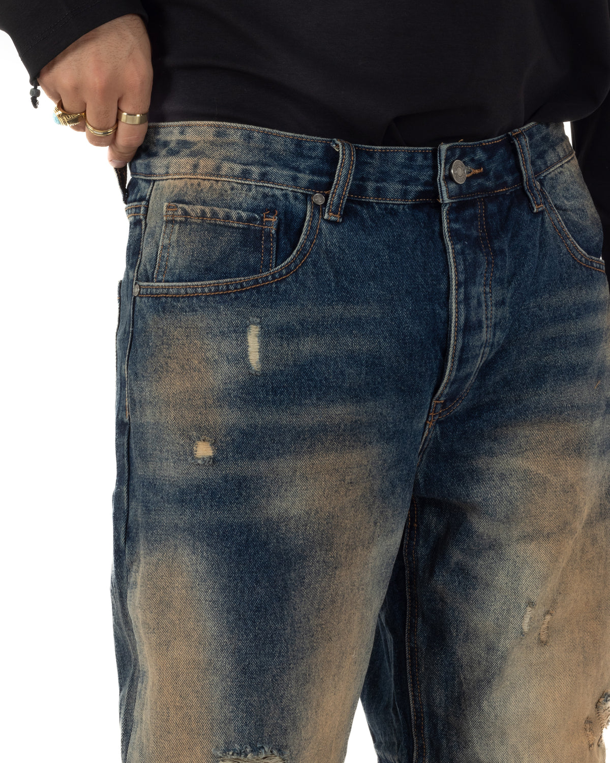 Jeans uomo baggy a contrasto con strappi lavaggio vintage denim sabbiato GIOSAL-JS1202A