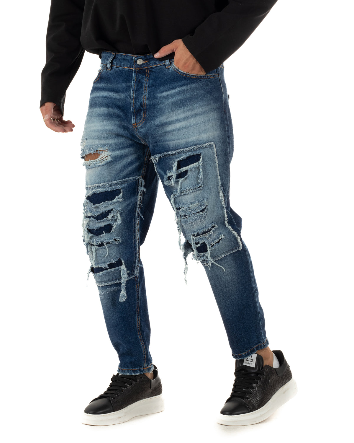 Jeans uomo stone washed cuciture sagomate con rotture denim GIOSAL-JS1203A