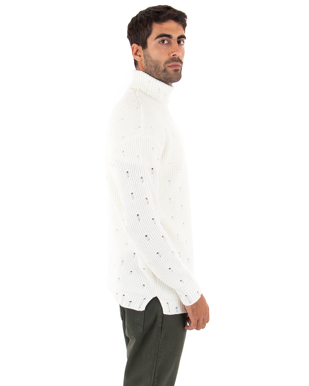 Maglioncino Uomo Collo Alto Tinta Unita Bianco Maglia Dolcevita Con Rotture GIOSAL-M2291A