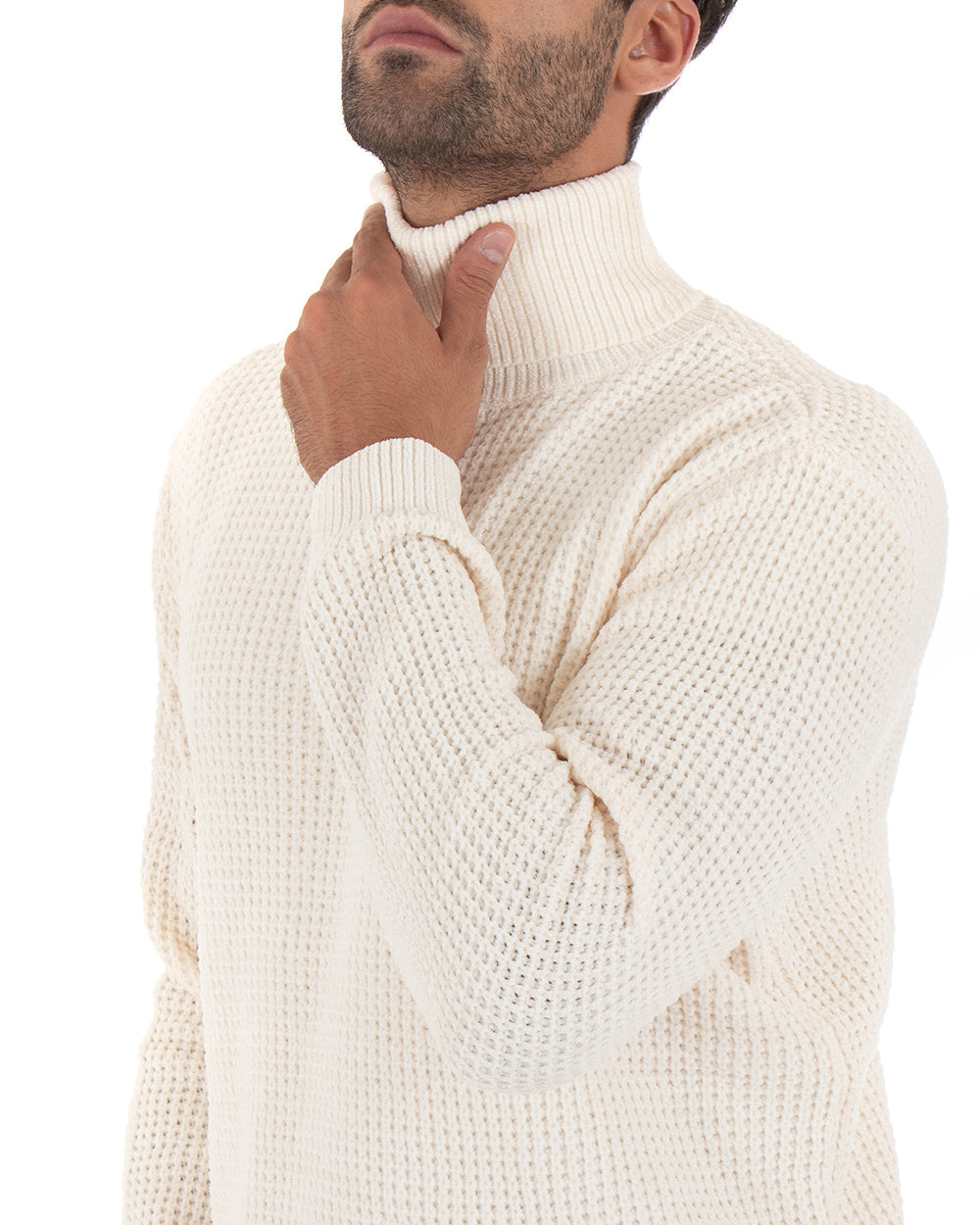 Maglioncino Uomo Ciniglia Collo Alto Pullover Caldo Maglia Maniche Lunghe Lavorata Dolcevita Casual Panna GIOSAL-M2303A