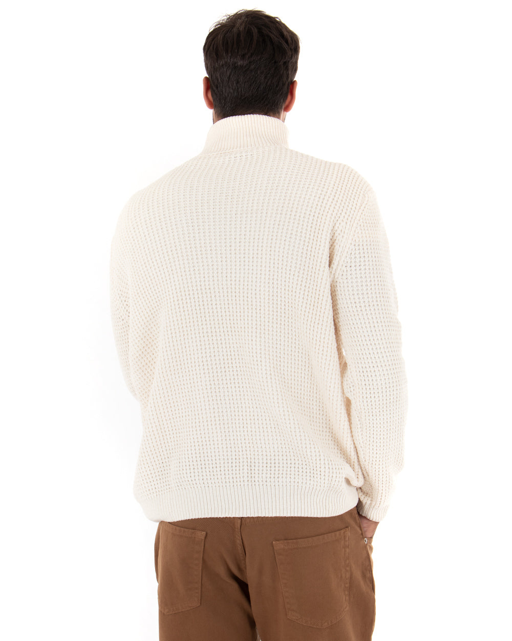 Maglioncino Uomo Ciniglia Collo Alto Pullover Caldo Maglia Maniche Lunghe Lavorata Dolcevita Casual Panna GIOSAL-M2303A