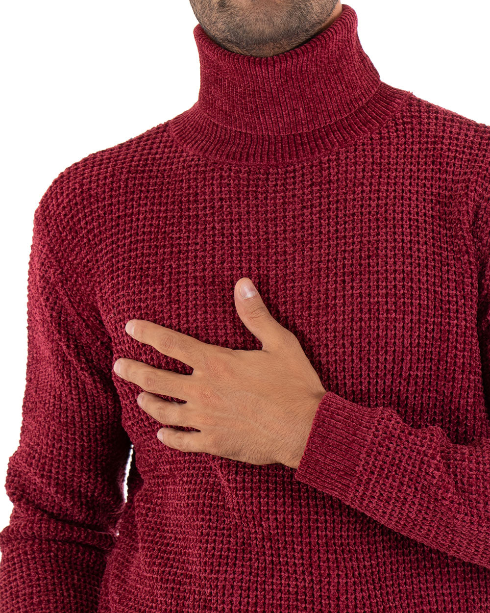 Maglioncino Uomo Ciniglia Collo Alto Pullover Caldo Maglia Maniche Lunghe Lavorata Dolcevita Casual Bordeaux GIOSAL-M2307A