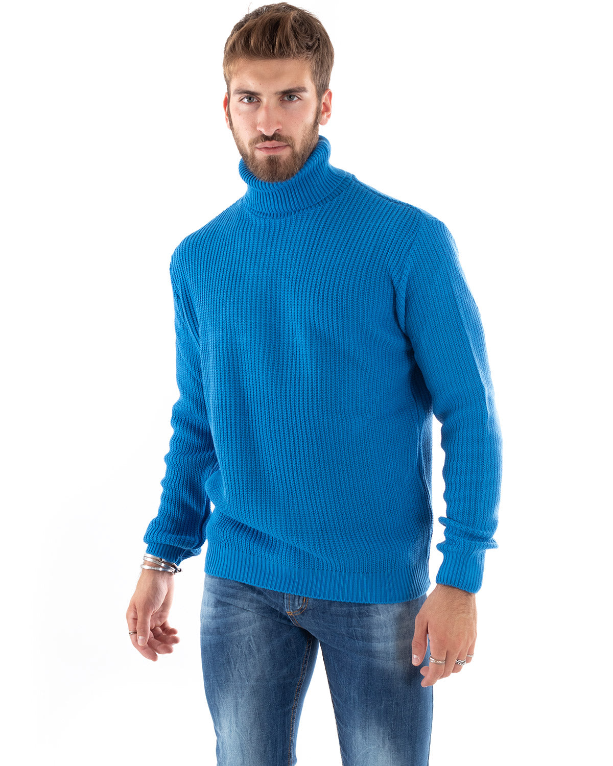 Maglioncino Uomo Collo Alto Tinta Unita Azzurro Maglia Inglese Dolcevita Basic GIOSAL-M2351A