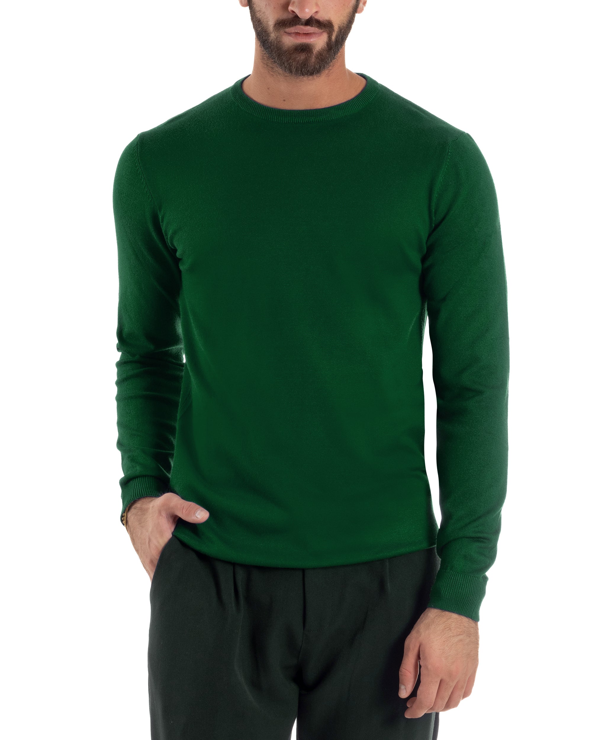 Maglioncino Uomo Girocollo Maglia Rasata Basic Verde Bottiglia M2497A