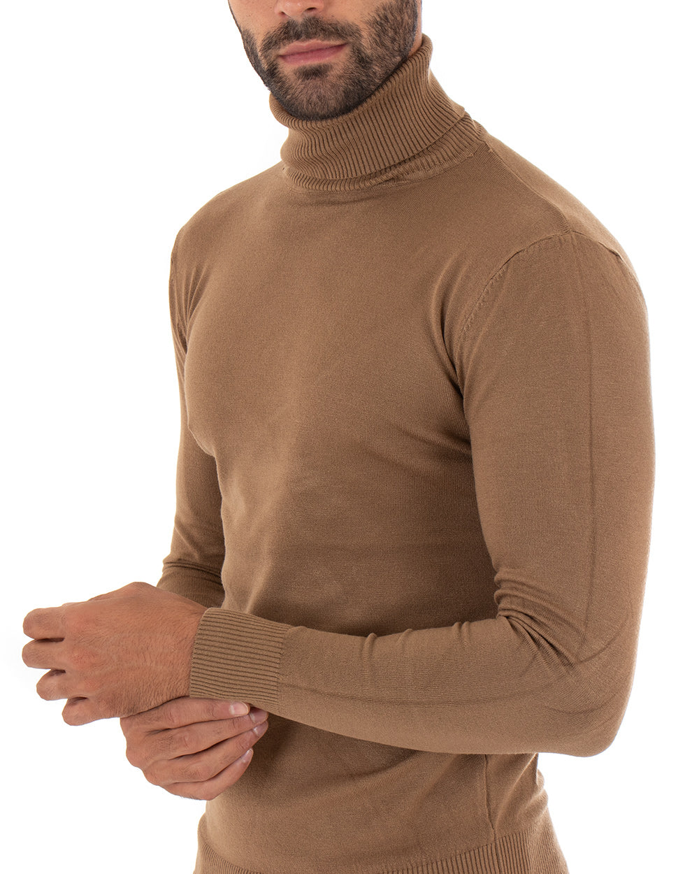 Maglioncino Uomo Maglia Maniche Lunghe Collo Alto Elastico Tinta Unita Camel GIOSAL-M2543A