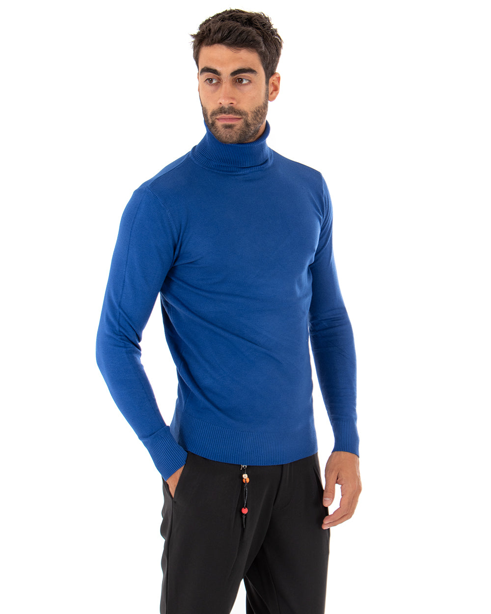 Maglioncino Uomo Maglia Maniche Lunghe Collo Alto Elastico Tinta Unita Blu Royal GIOSAL-M2547A