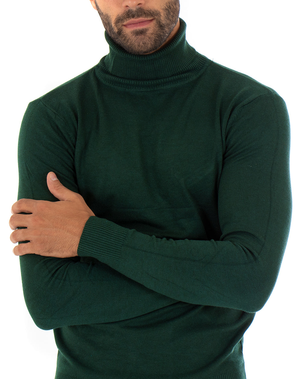 Maglioncino Uomo Maglia Maniche Lunghe Collo Alto Elastico Tinta Unita Verde Bottiglia GIOSAL-M2548A