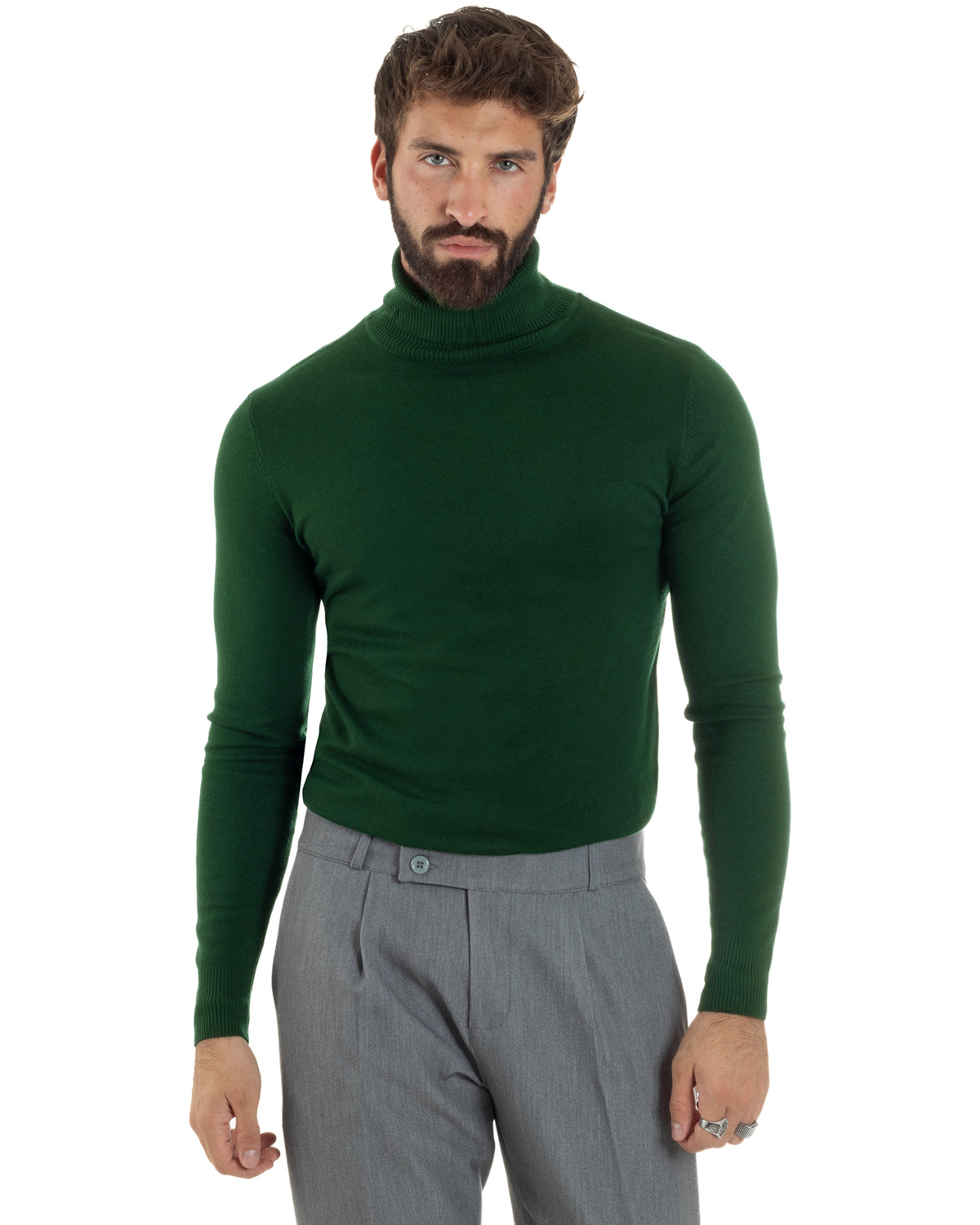 Men's Turtleneck Sweater Basic Knitted Sweater Bottle Green M2548A
