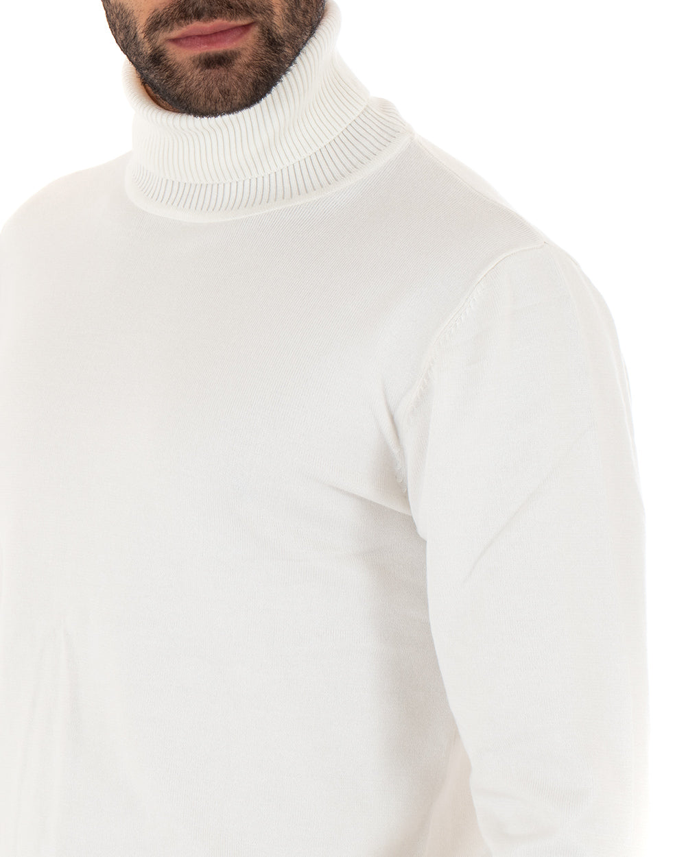 Maglioncino Uomo Maglia Maniche Lunghe Collo Alto Elastico Tinta Unita Bianco GIOSAL-M2550A