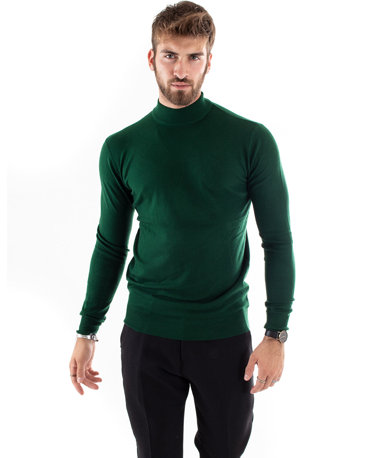 Maglioncino Uomo Maglia Maniche Lunghe Mezzo Collo Elastico Tinta Unita Verde Bottiglia GIOSAL-M2566A