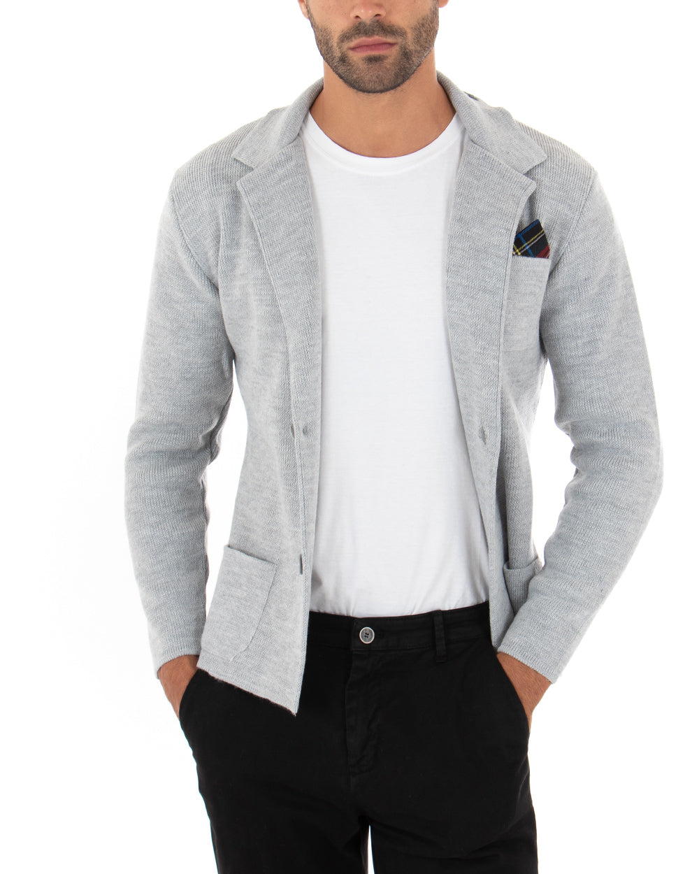 Cardigan uomo grigio casual bottoni maglia vista completa