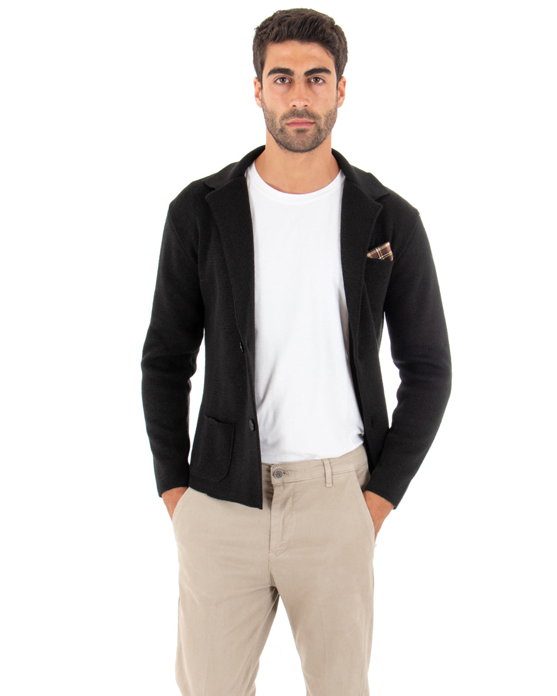 Vista aperta cardigan maglia nero uomo vestibilità regular fit