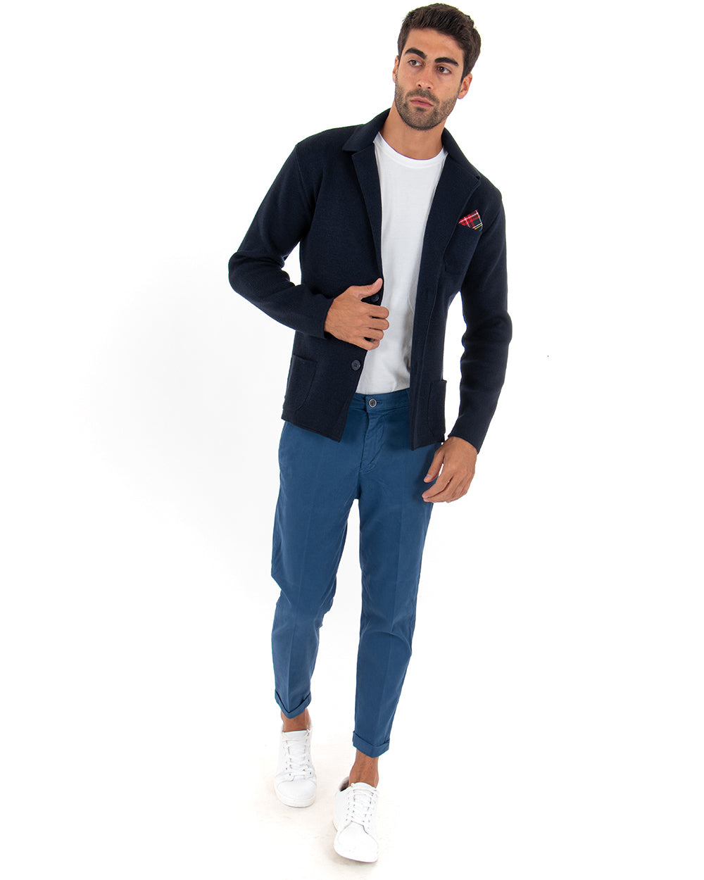 Cardigan Uomo Giacca Con Bottoni Maglia Casual Blu M2664A