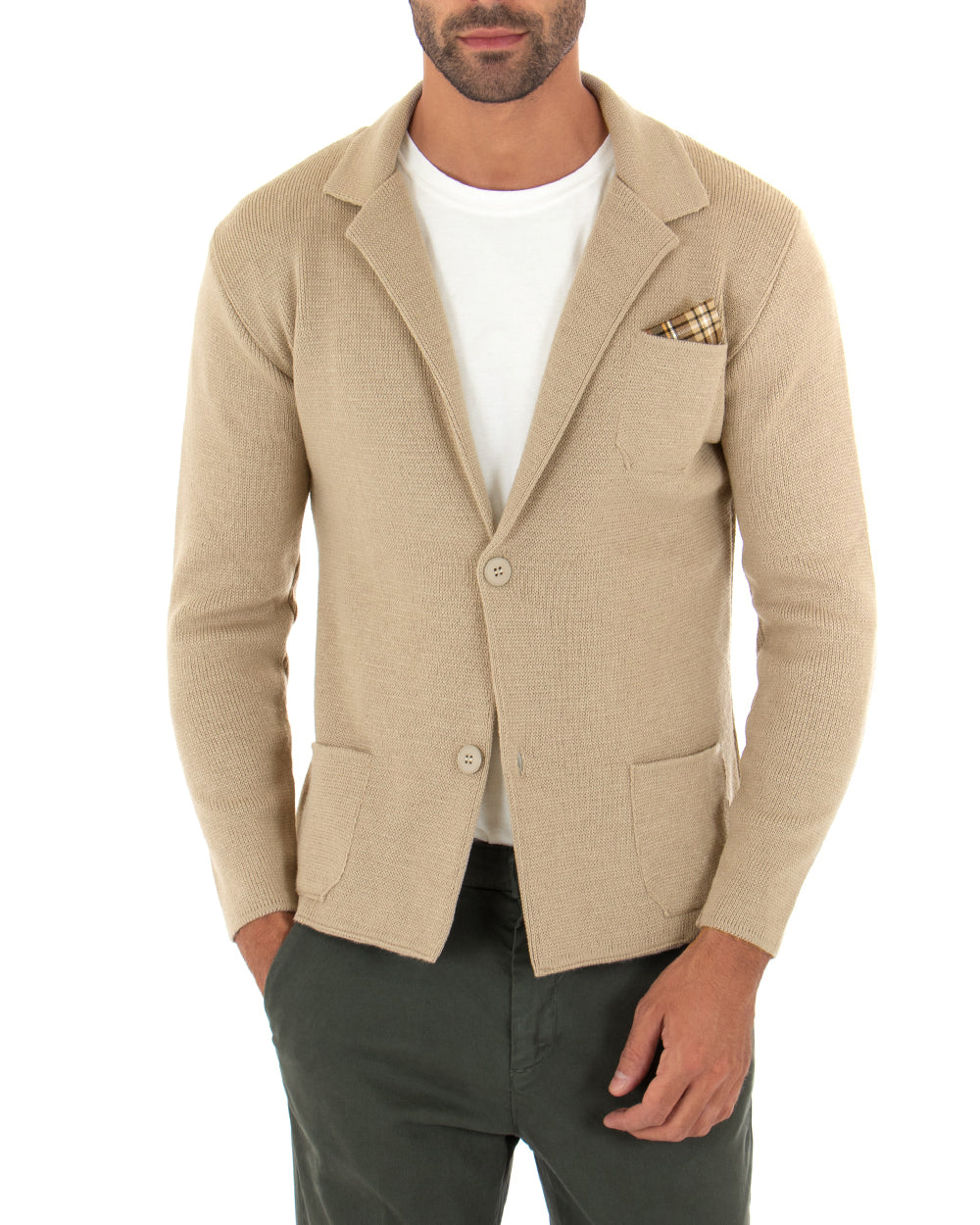 Cardigan Uomo Giacca Con Bottoni Maglia Maglioncino Casual Tinta Unita Beige GIOSAL-M2667A