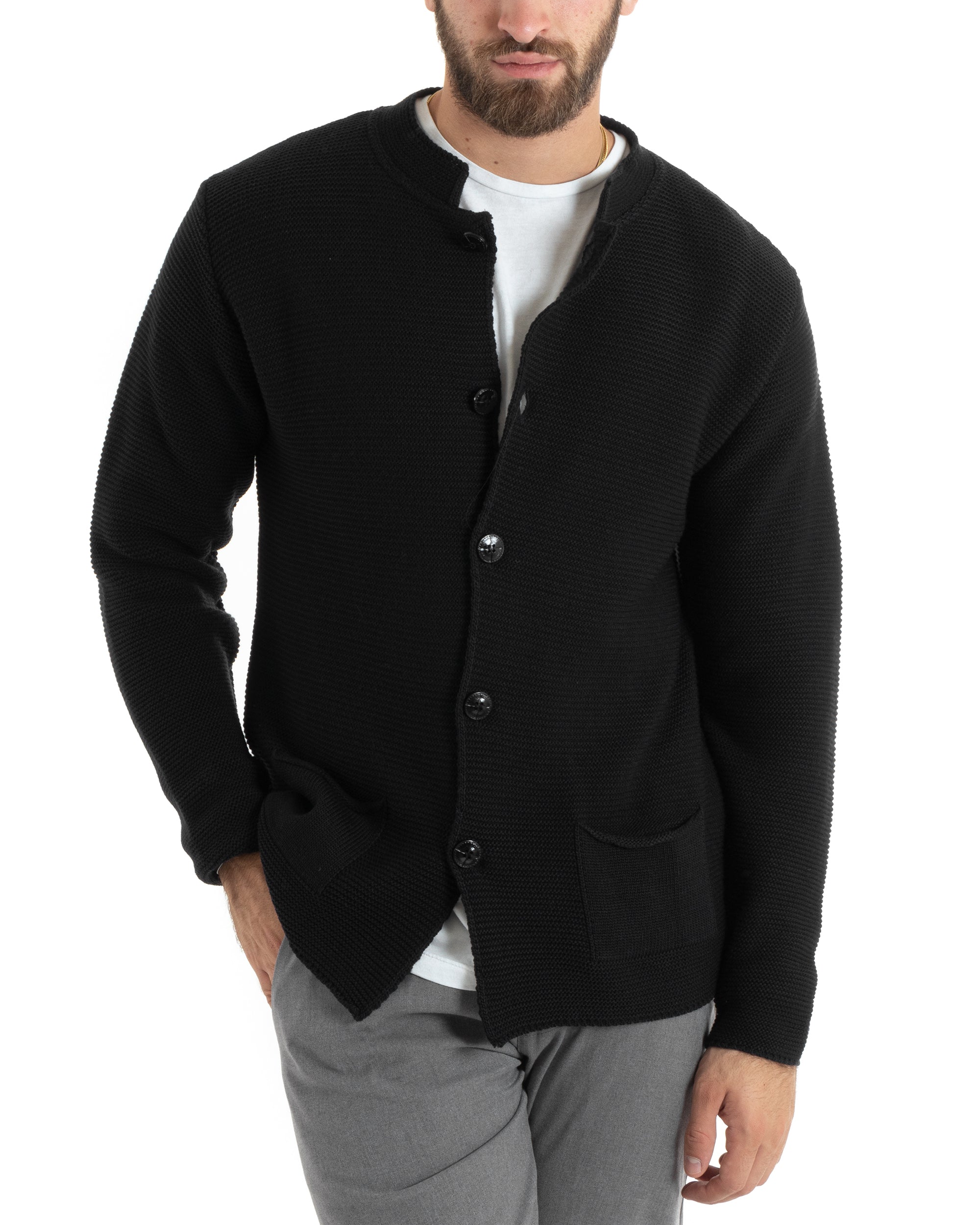 Cardigan Uomo Collo Coreano Maglioncino Monopetto Maglia Giacca Con Bottoni Nero Casual GIOSAL-M2669A