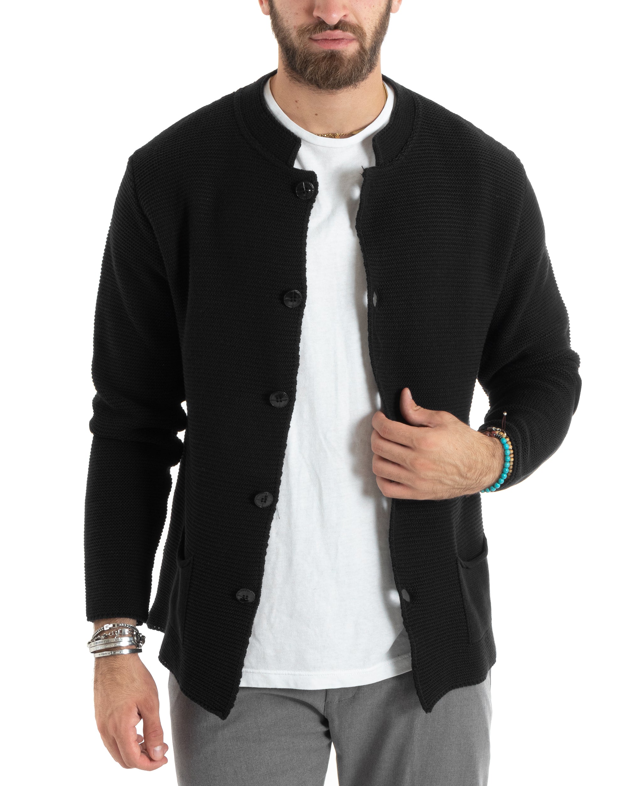 Cardigan Uomo Collo Coreano Maglioncino Monopetto Maglia Giacca Con Bottoni Nero Casual GIOSAL-M2669A