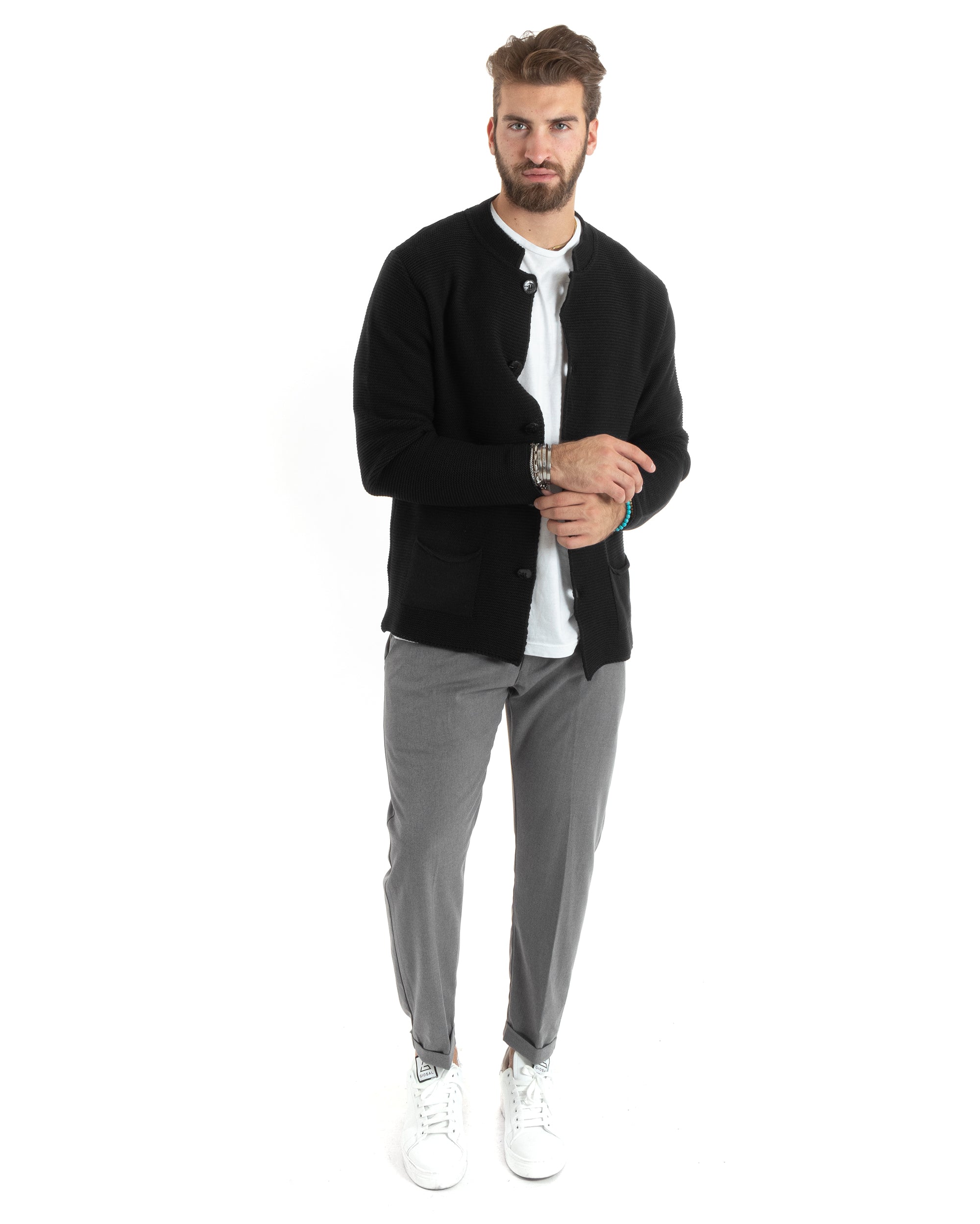 Cardigan Uomo Collo Coreano Giacca Monopetto Con Bottoni Nero GIOSAL-M2669A