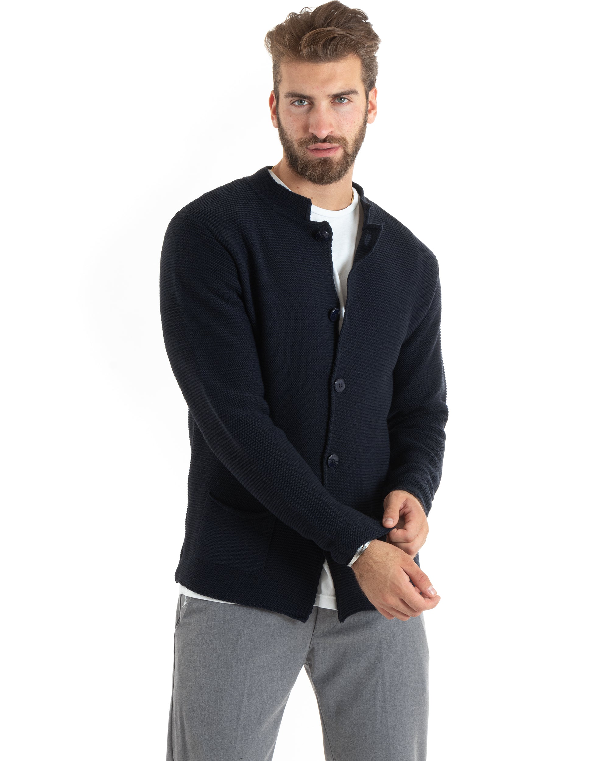 Cardigan Uomo Collo Coreano Maglioncino Monopetto Maglia Giacca Con Bottoni Blu Casual GIOSAL-M2670A