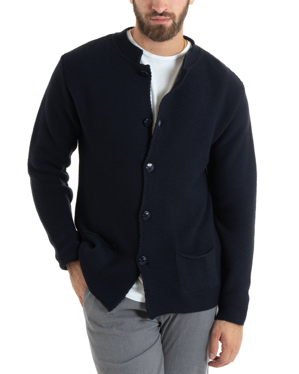 Cardigan Uomo Collo Coreano Giacca Monopetto Con Bottoni Blu GIOSAL-M2670A