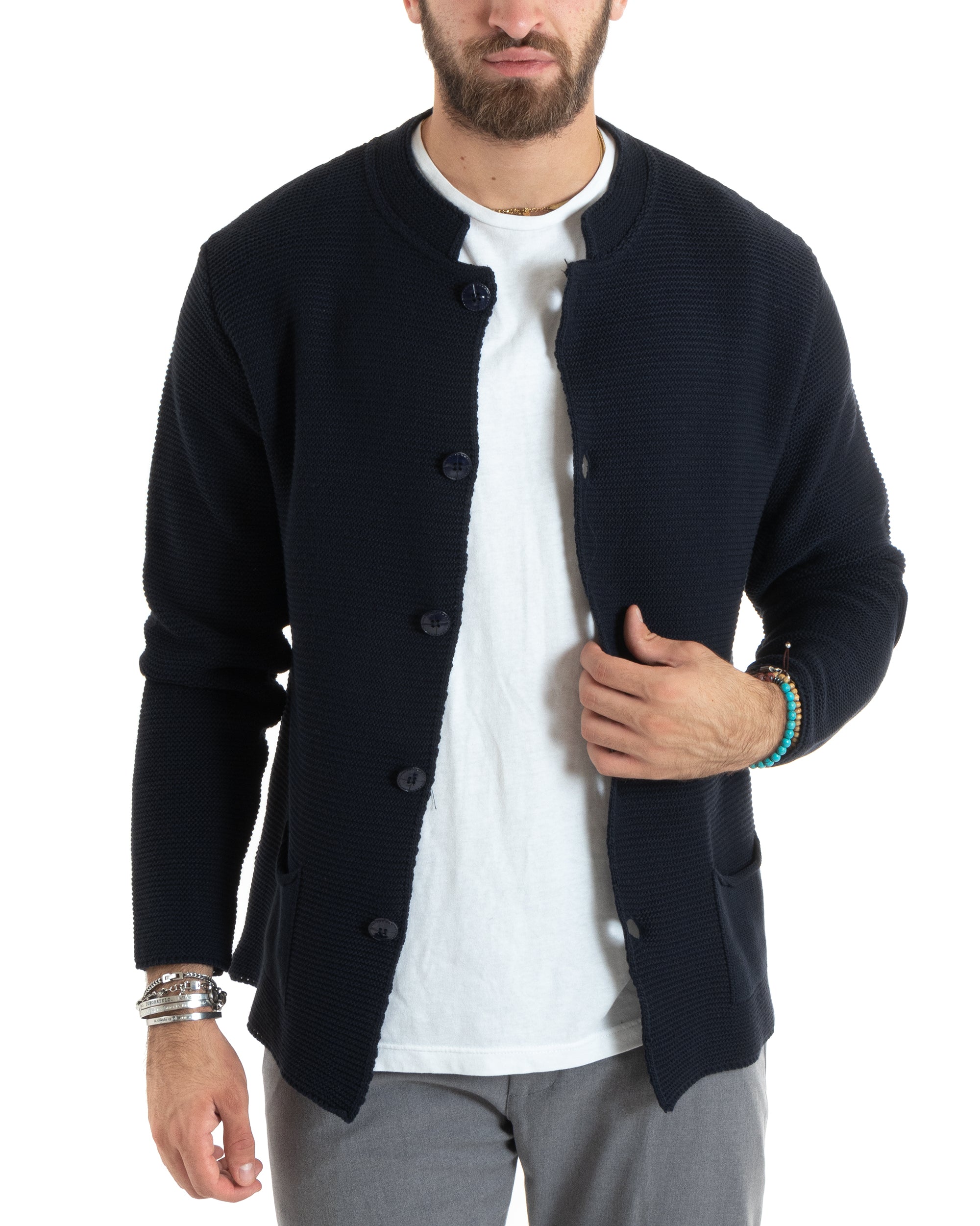 Cardigan Uomo Collo Coreano Maglioncino Monopetto Maglia Giacca Con Bottoni Blu Casual GIOSAL-M2670A
