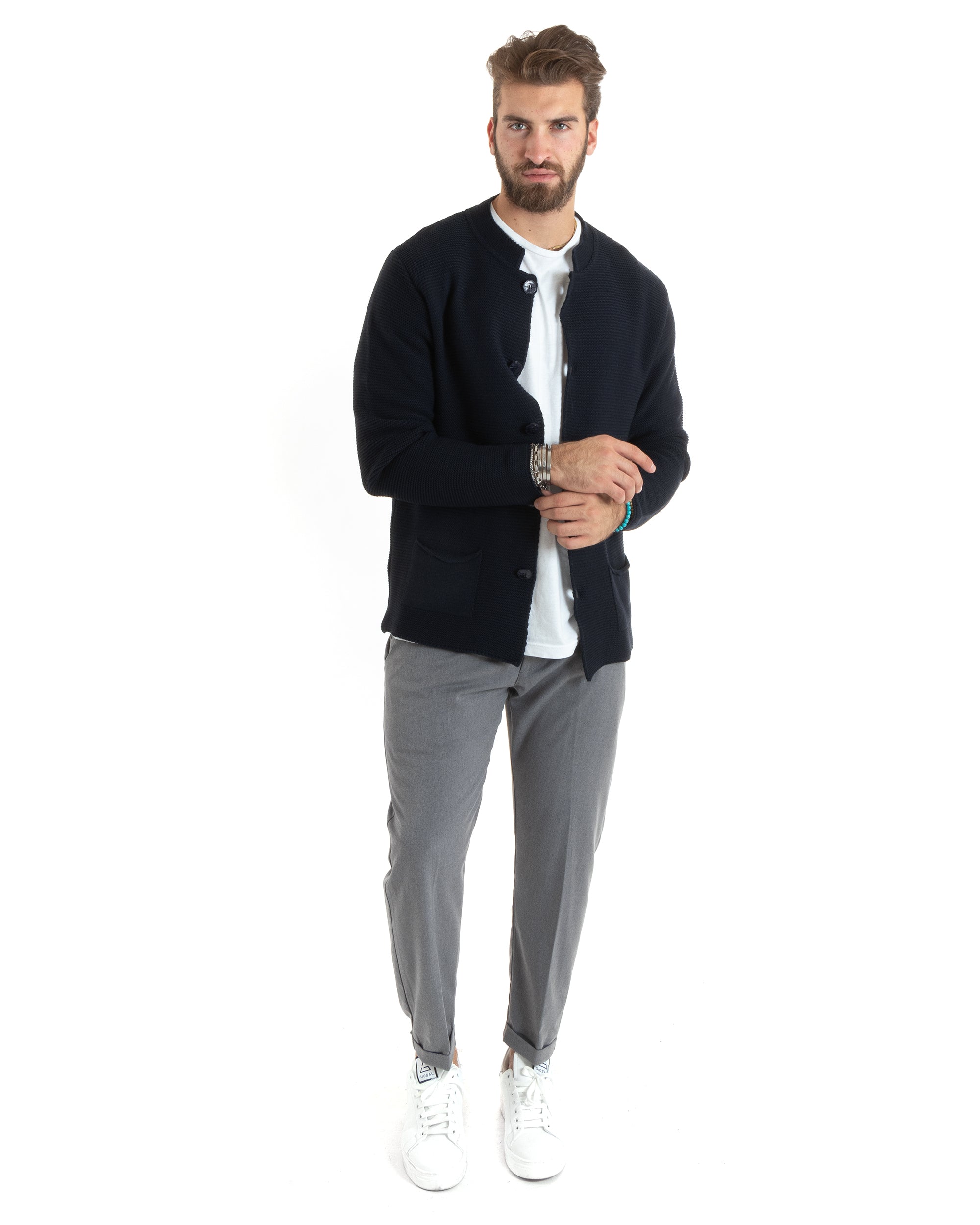 Cardigan Uomo Collo Coreano Maglioncino Monopetto Maglia Giacca Con Bottoni Blu Casual GIOSAL-M2670A