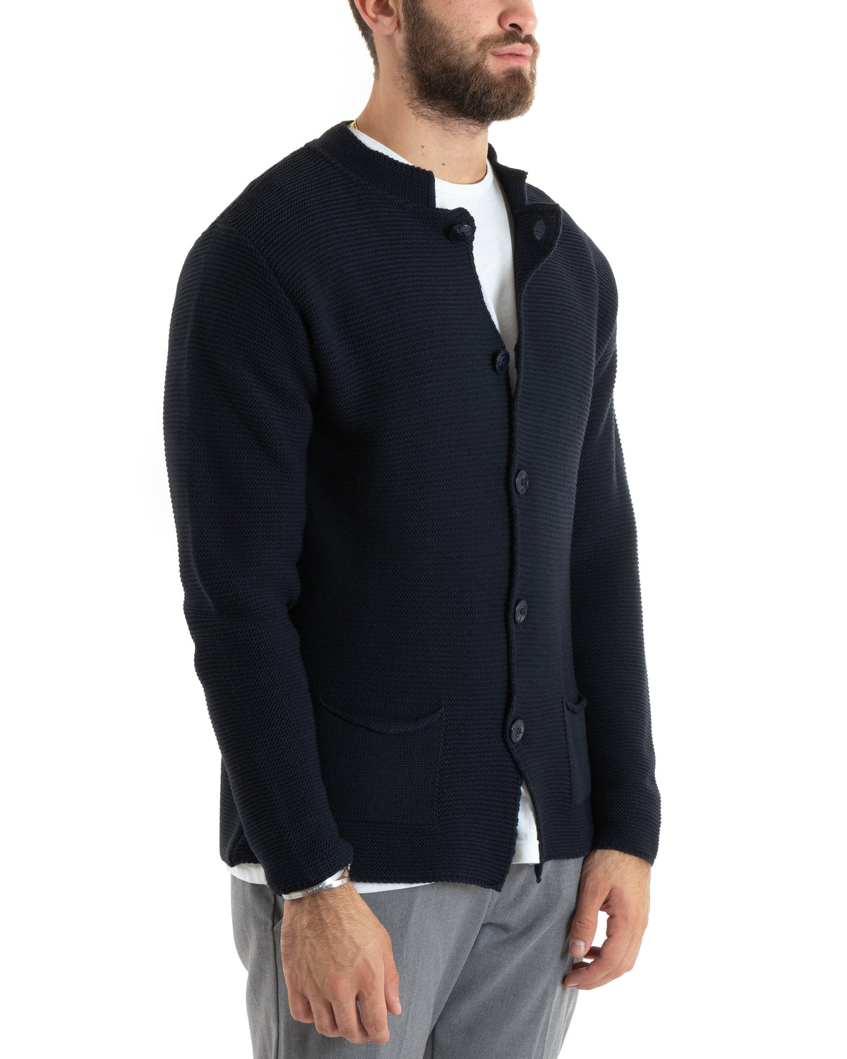 Cardigan Uomo Collo Coreano Giacca Monopetto Con Bottoni Blu GIOSAL-M2670A