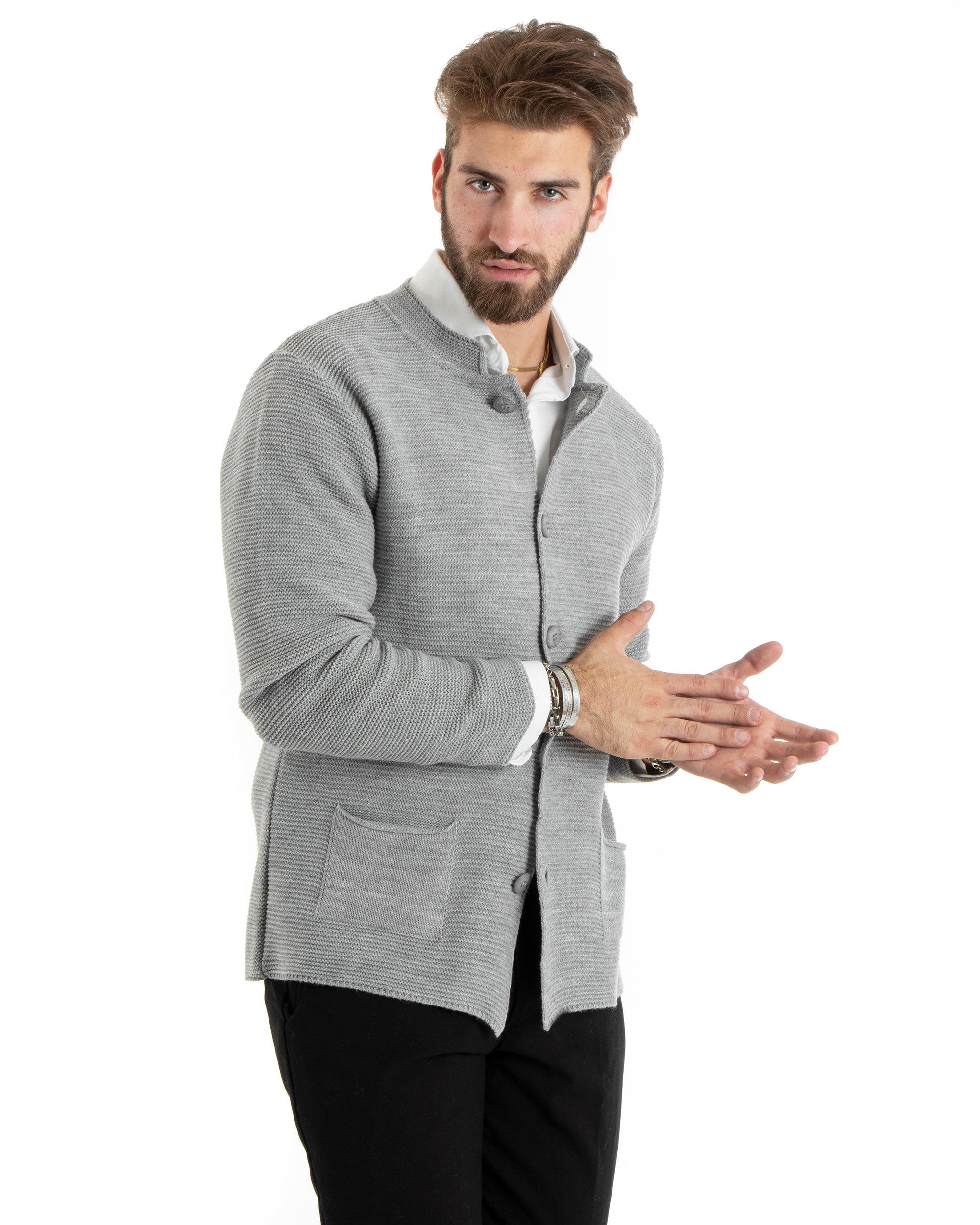 Cardigan Uomo Collo Coreano Giacca Monopetto Con Bottoni Grigio GIOSAL-M2671A