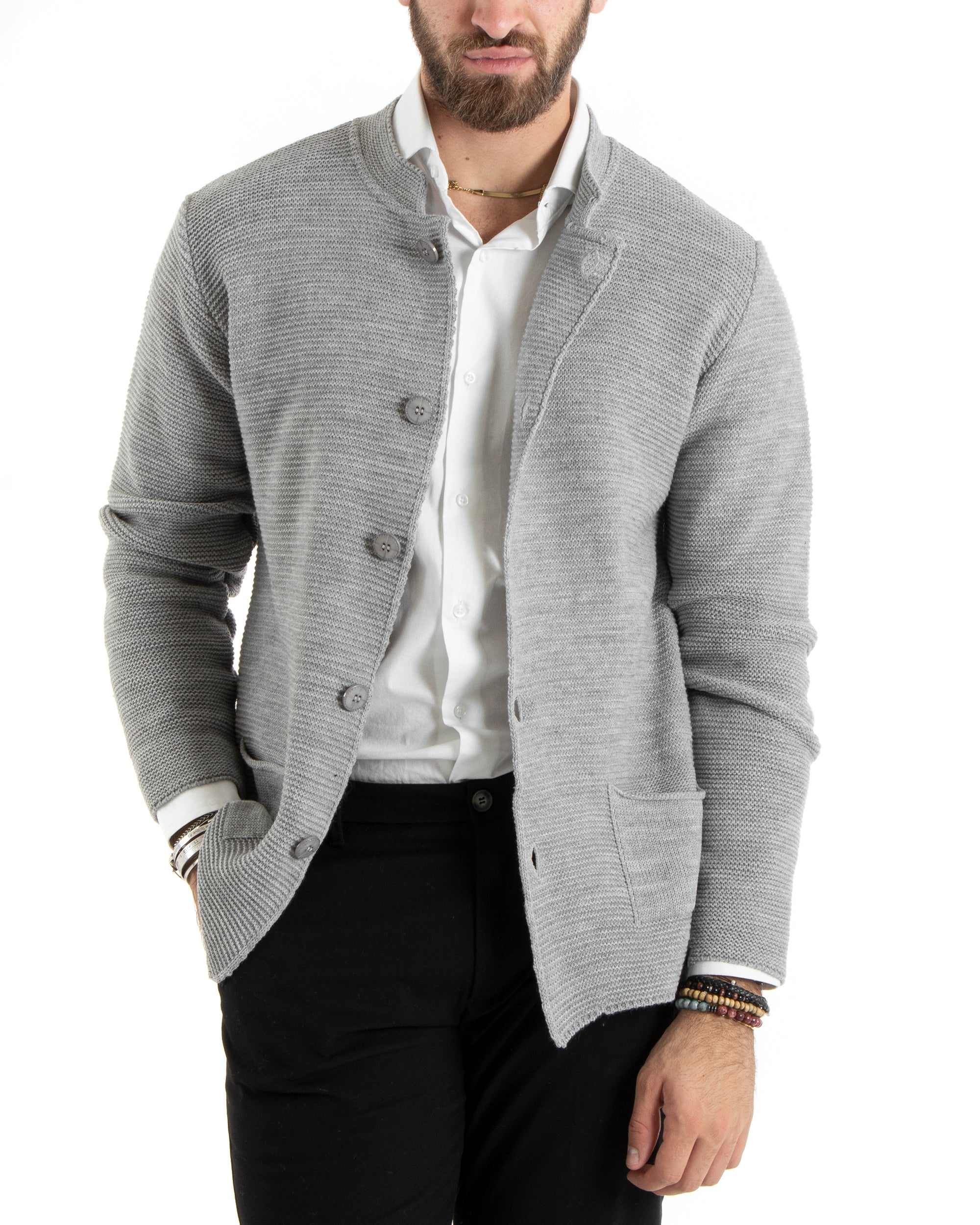 Cardigan Uomo Collo Coreano Maglioncino Monopetto Maglia Giacca Con Bottoni Grigio Casual GIOSAL-M2671A