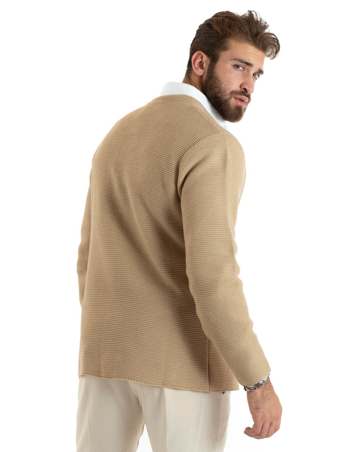 Cardigan Uomo Collo Coreano Giacca Monopetto Con Bottoni Beige GIOSAL-M2672A