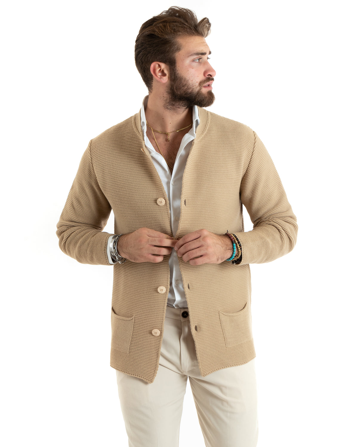 Cardigan Uomo Collo Coreano Giacca Monopetto Con Bottoni Beige GIOSAL-M2672A