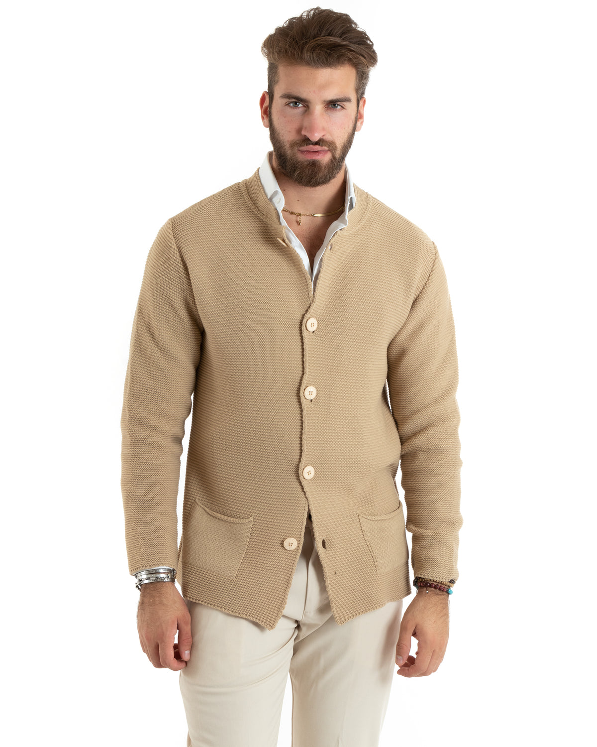 Cardigan Uomo Collo Coreano Giacca Monopetto Con Bottoni Beige GIOSAL-M2672A