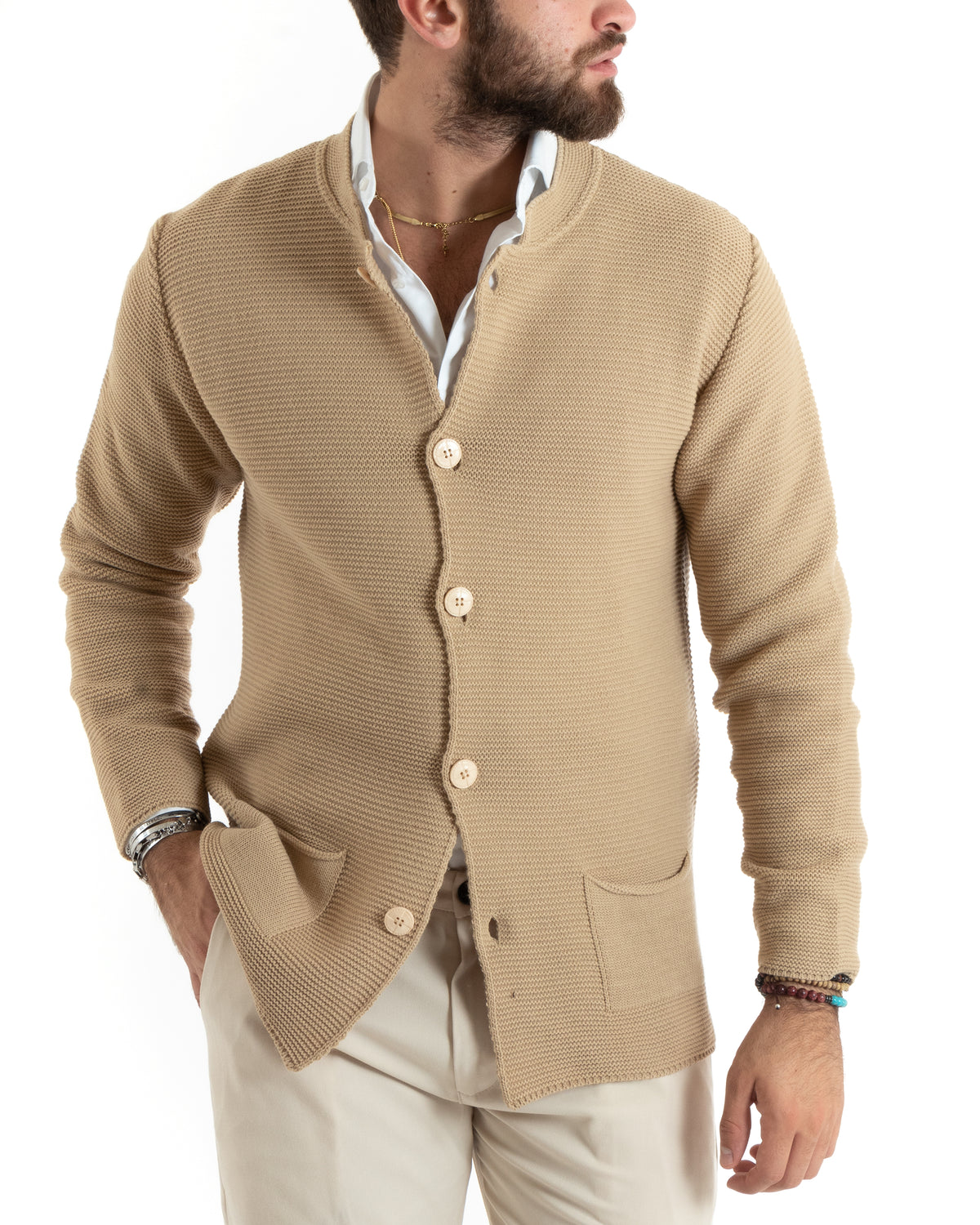 Cardigan Uomo Collo Coreano Giacca Monopetto Con Bottoni Beige GIOSAL-M2672A